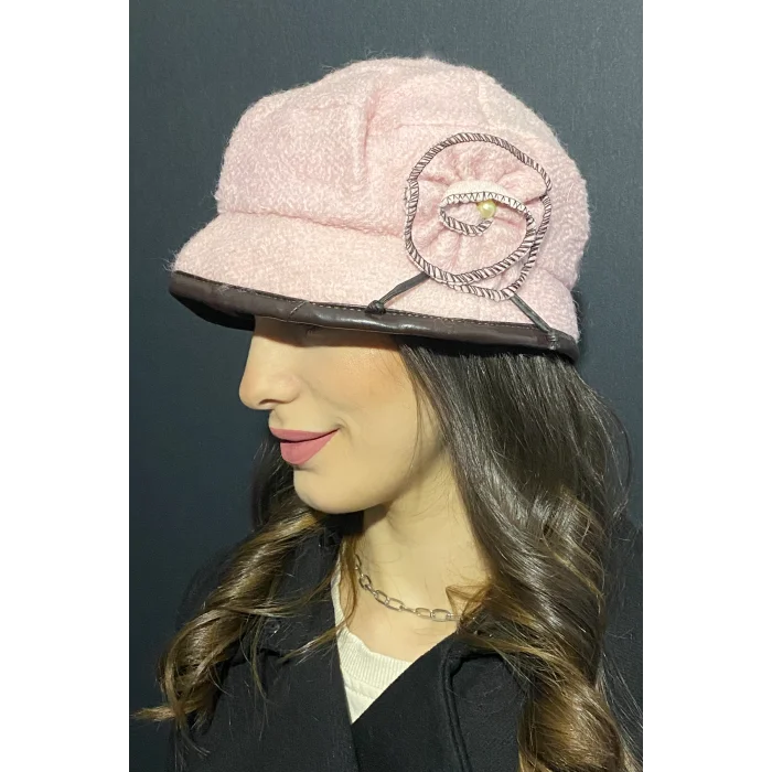 Kadın Deri Kenarlı Bermuda Şapka Gül Kurusu 7752