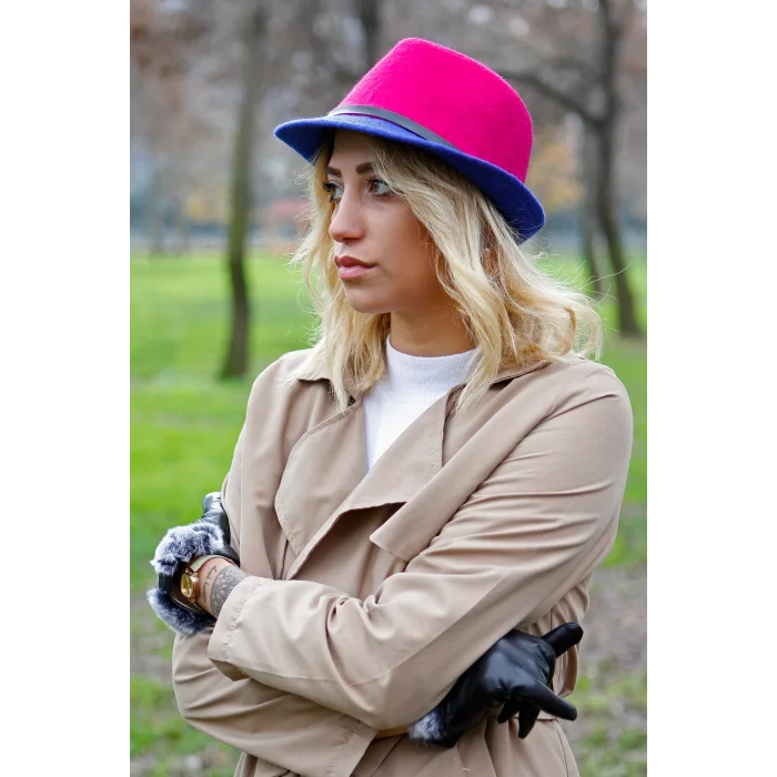 Kadın Çift Renk Kaşe Fötr Şapka Fuşya 4792