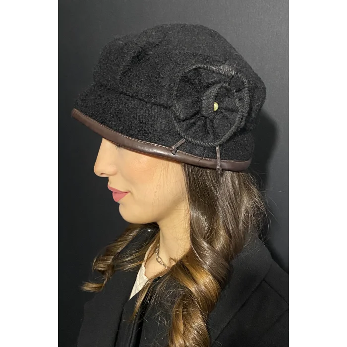 Kadın Deri Kenarlı Bermuda Şapka Siyah 7752