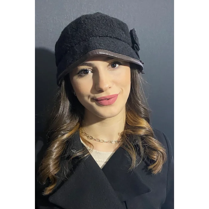Kadın Deri Kenarlı Bermuda Şapka Siyah 7752
