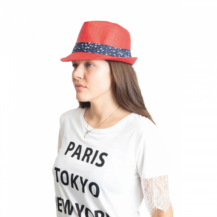 Yazlık Çiçek Şeritli Hasır Fötr Kadın Şapka 6253