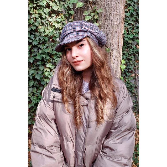 Kadın Kaptan Şapka 7449 Ekose Turuncu