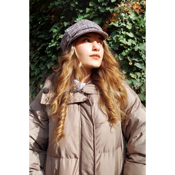 Kadın Kaptan Şapka 7449 Ekose Turuncu