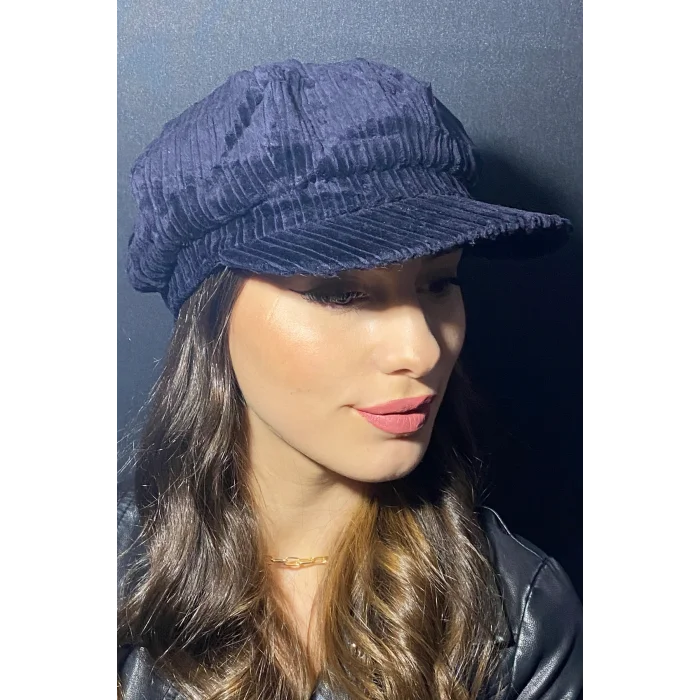 Kadın Denizci Tipi Kadife Şapka 1243 Lacivert