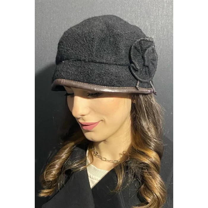 Kadın Deri Kenarlı Bermuda Şapka 7752 Siyah