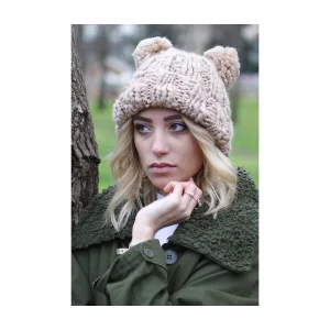 BAY ŞAPKACI - KADIN ÇİFT POMPONLU BEJ BERE 4114