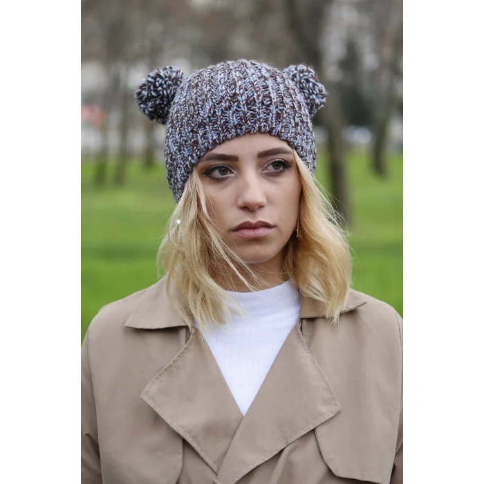 Çift Ponponlu Kadın Mavi Bere 7212