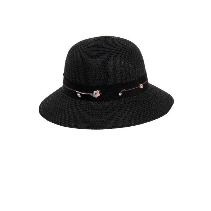 Kadın Çiçek Şeritli Siyah Şapka 1297