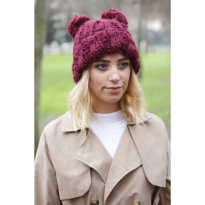 Bordo Çift Ponponlu Bere