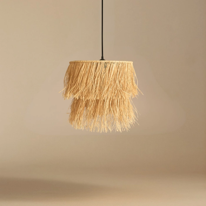 2 Katlı Rafya Avize - Ev, Balkon, Kış Bahçesi, Kafe, Restoran, Sahil, Bungalov Aydınlatma / El Yapımı Sık Örme Bohem Saçaklı Rafya Avize