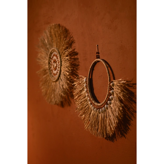 2li El Yapımı Doğal Rafya Duvar Süsü - Deniz Kabuklu