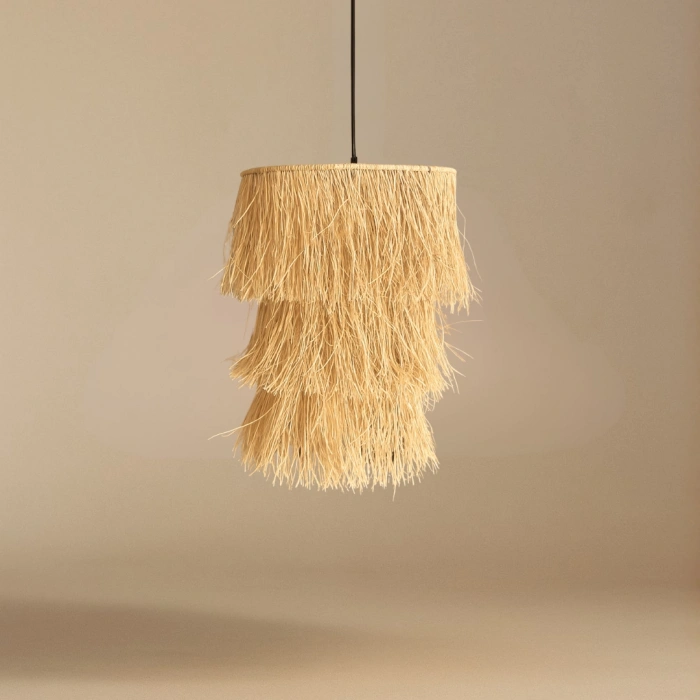 3 Katlı Rafya Avize - Ev, Balkon, Kış Bahçesi, Kafe, Restoran, Sahil, Bungalov Aydınlatma / El Yapımı Sık Örme Bohem Saçaklı Rafya Avize