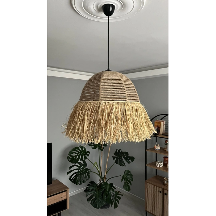 Büyük Halat Avize - Ev, Balkon, Kış Bahçesi, Kafe, Restoran, Sahil, Bungalov Aydınlatma / El Yapımı Sık Örme Bohem Saçaklı Hasır Halat Avize