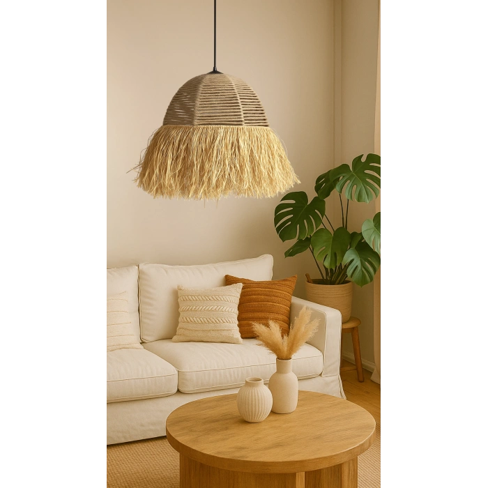 Büyük Halat Avize - Ev, Balkon, Kış Bahçesi, Kafe, Restoran, Sahil, Bungalov Aydınlatma / El Yapımı Sık Örme Bohem Saçaklı Hasır Halat Avize