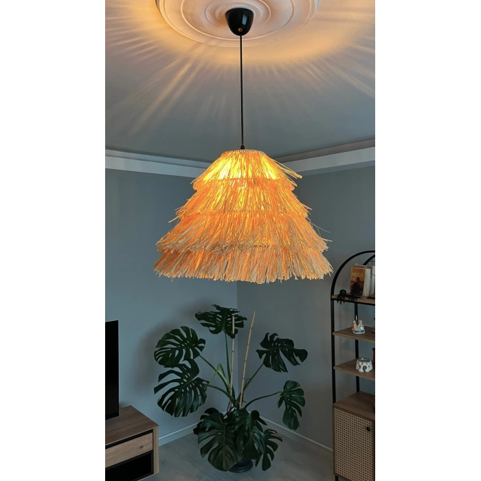 Büyük Konik Rafya Avize - Ev, Balkon, Kış Bahçesi, Kafe, Restoran, Sahil, Bungalov Aydınlatma / El Yapımı Sık Örme Bohem Konik Saçaklı Rafya Avize