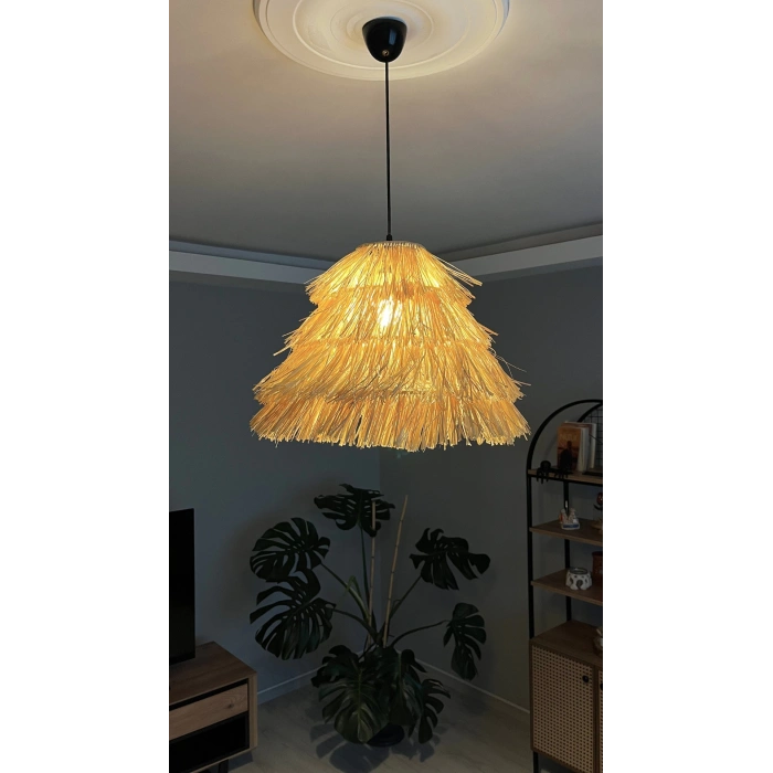 Büyük Konik Rafya Avize - Ev, Balkon, Kış Bahçesi, Kafe, Restoran, Sahil, Bungalov Aydınlatma / El Yapımı Sık Örme Bohem Konik Saçaklı Rafya Avize