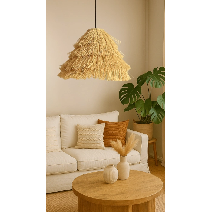 Büyük Konik Rafya Avize - Ev, Balkon, Kış Bahçesi, Kafe, Restoran, Sahil, Bungalov Aydınlatma / El Yapımı Sık Örme Bohem Konik Saçaklı Rafya Avize