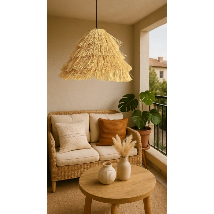 Büyük Konik Rafya Avize - Ev, Balkon, Kış Bahçesi, Kafe, Restoran, Sahil, Bungalov Aydınlatma / El Yapımı Sık Örme Bohem Konik Saçaklı Rafya Avize