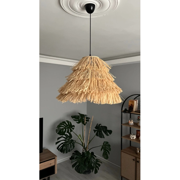 Büyük Konik Rafya Avize - Ev, Balkon, Kış Bahçesi, Kafe, Restoran, Sahil, Bungalov Aydınlatma / El Yapımı Sık Örme Bohem Konik Saçaklı Rafya Avize