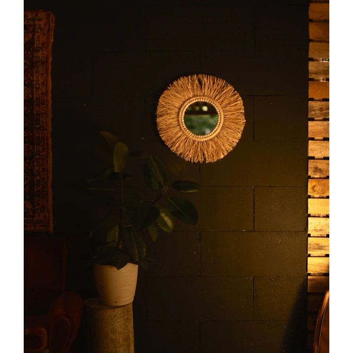 El Yapımı Ahşap Boncuklu Rafya Duvar Aynası