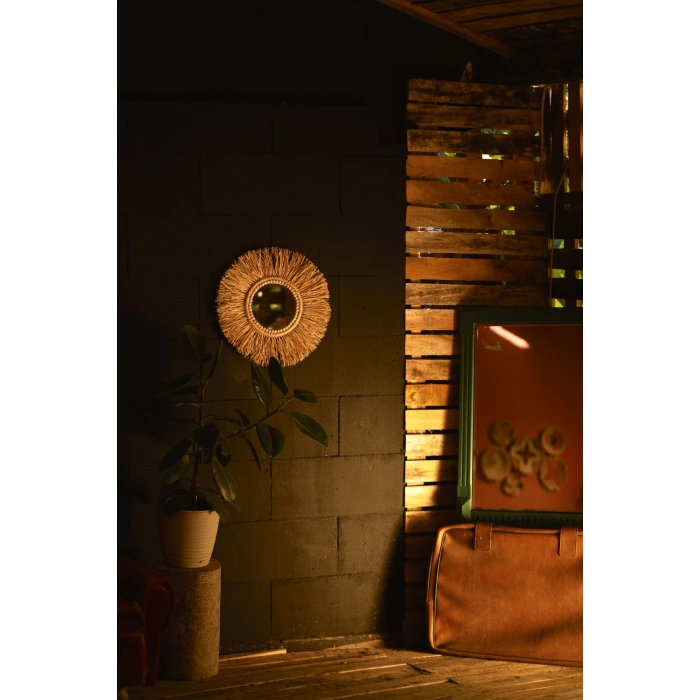 El Yapımı Ahşap Boncuklu Rafya Duvar Aynası