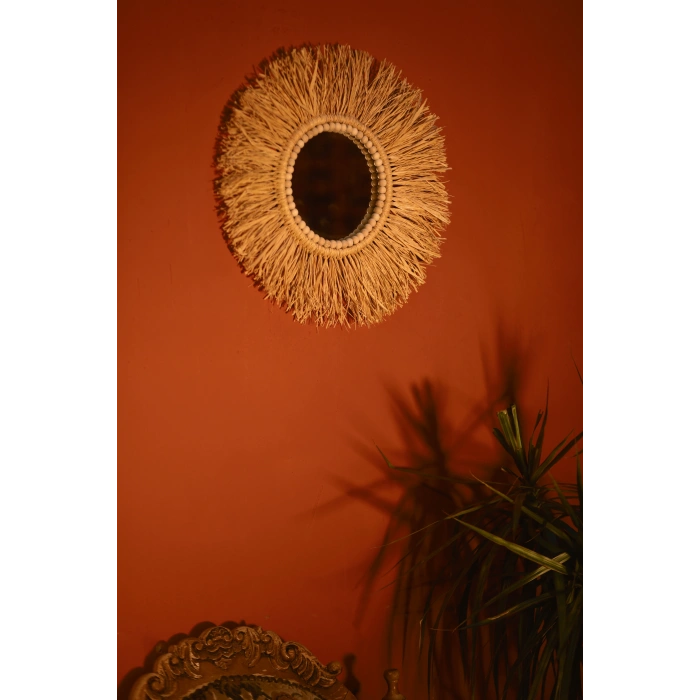 El Yapımı Ahşap Boncuklu Rafya Duvar Aynası
