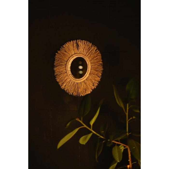 El Yapımı Ahşap Boncuklu Rafya Duvar Aynası