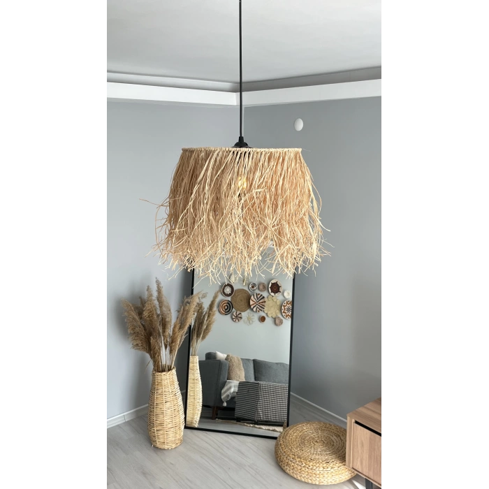 1 Katlı Rafya Avize - Ev, Balkon, Kış Bahçesi, Kafe, Restoran, Sahil, Bungalov Aydınlatma / El Yapımı Sık Örme Bohem Saçaklı Rafya Avize