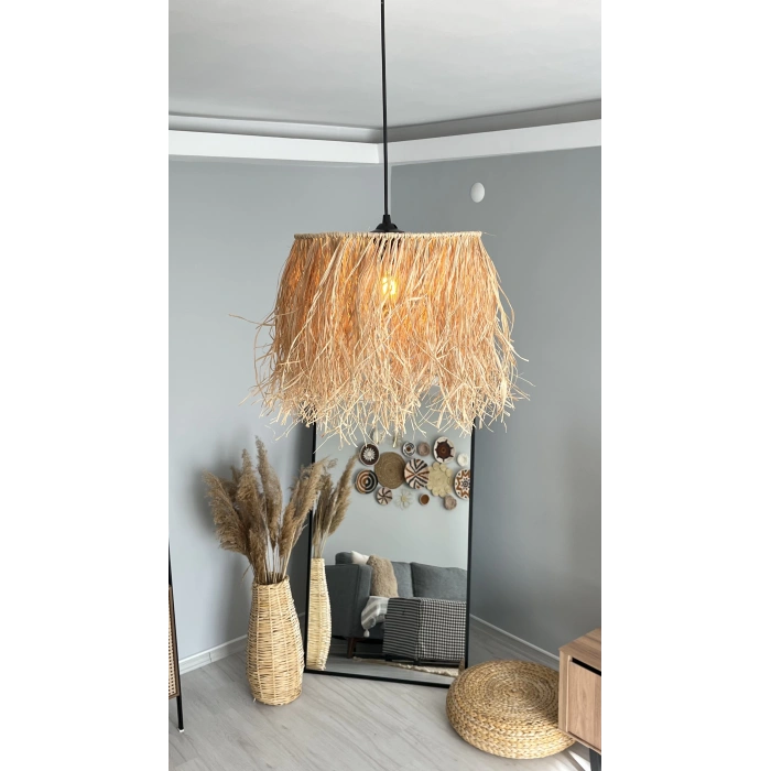 1 Katlı Rafya Avize - Ev, Balkon, Kış Bahçesi, Kafe, Restoran, Sahil, Bungalov Aydınlatma / El Yapımı Sık Örme Bohem Saçaklı Rafya Avize