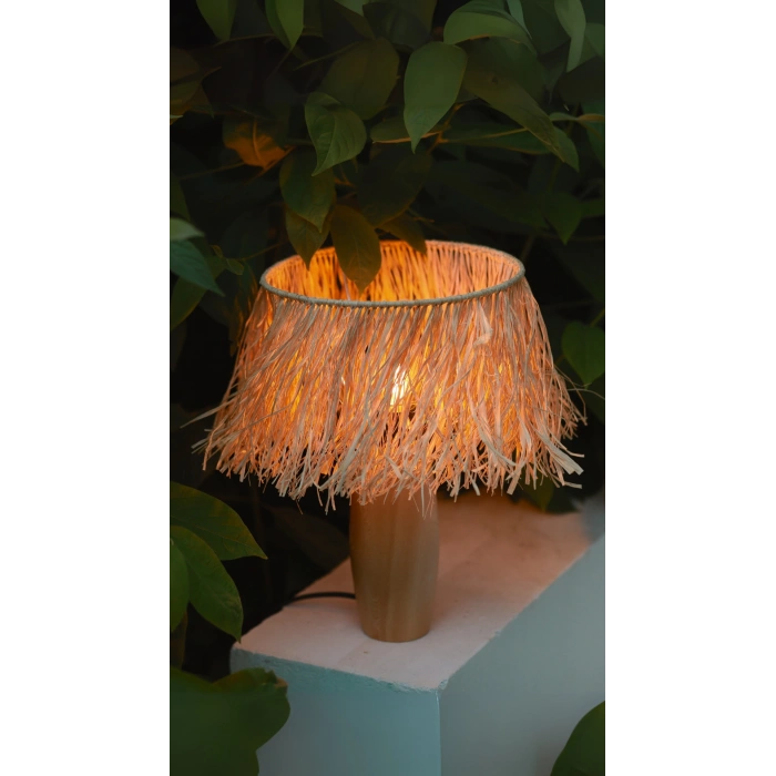 Tek Katlı Doğal Rafya Abajur - El Yapımı Doğal Ahşap Ayaklı Bohem Doğal Rafya Abajur (Kablolu)