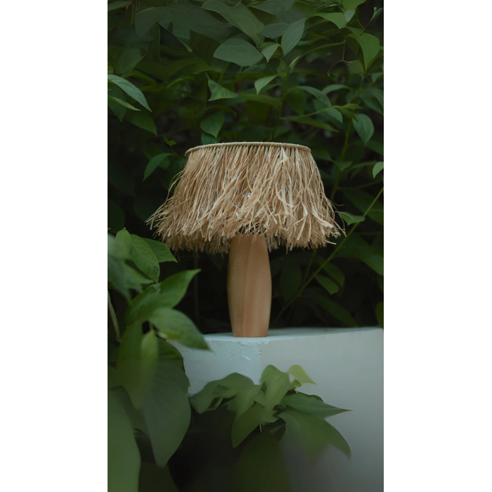 Tek Katlı Doğal Rafya Abajur - El Yapımı Doğal Ahşap Ayaklı Bohem Doğal Rafya Abajur (Kablolu)