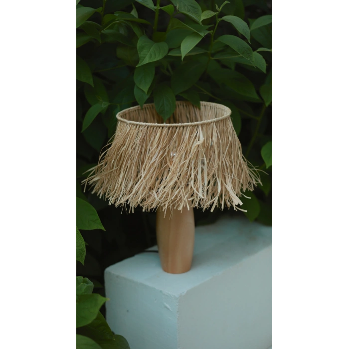 Tek Katlı Doğal Rafya Abajur - El Yapımı Doğal Ahşap Ayaklı Bohem Doğal Rafya Abajur (Kablolu)