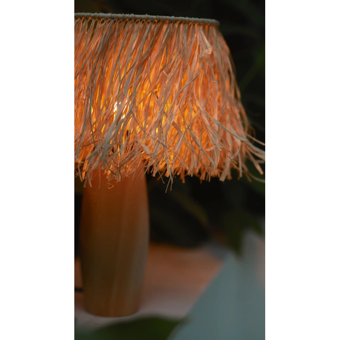 Tek Katlı Doğal Rafya Abajur - El Yapımı Doğal Ahşap Ayaklı Bohem Doğal Rafya Abajur (Kablolu)