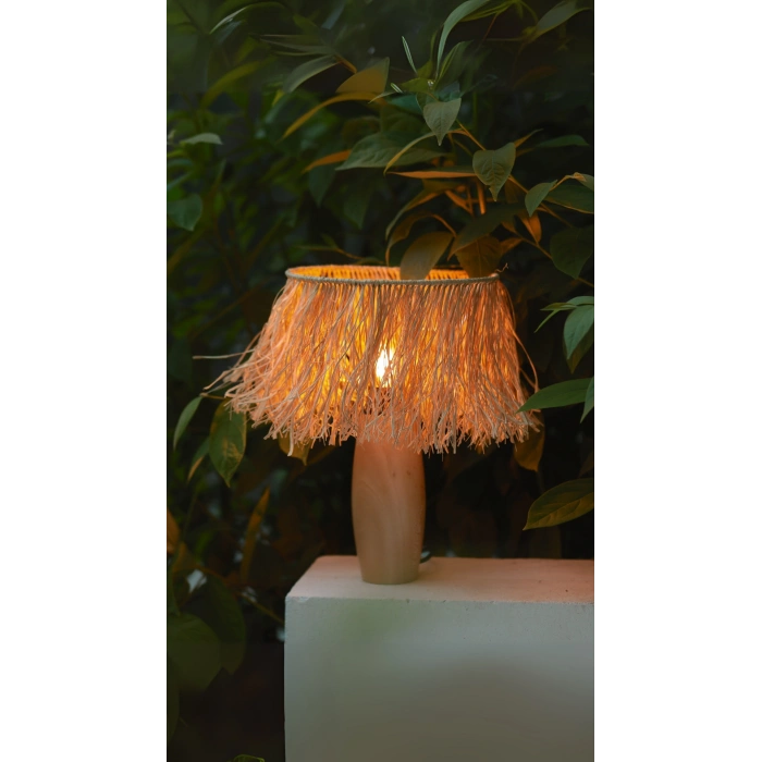 Tek Katlı Doğal Rafya Abajur - El Yapımı Doğal Ahşap Ayaklı Bohem Doğal Rafya Abajur (Kablolu)