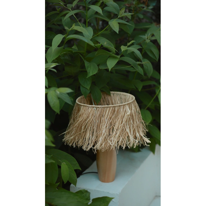 Tek Katlı Doğal Rafya Abajur - El Yapımı Doğal Ahşap Ayaklı Bohem Doğal Rafya Abajur (Kablolu)