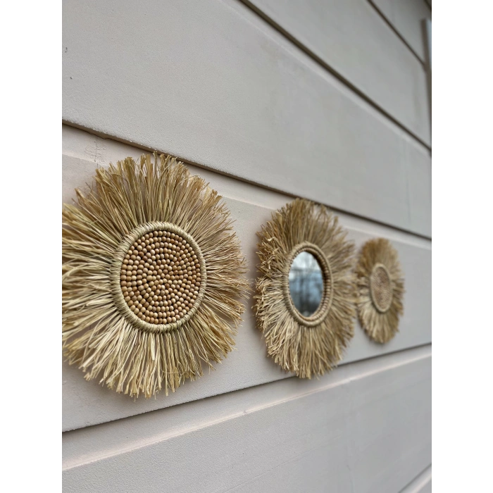 3lü El Yapımı Ayna Seti & Boncuklu Rafya Duvar Süsü, Duvar Aynası