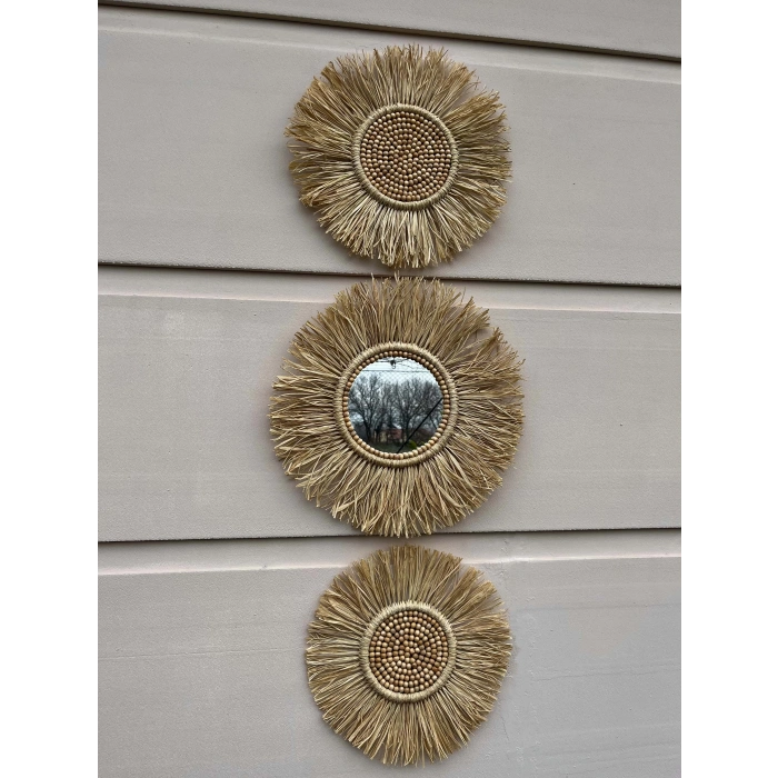 3lü El Yapımı Ayna Seti & Boncuklu Rafya Duvar Süsü, Duvar Aynası
