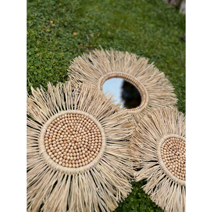 3lü El Yapımı Ayna Seti & Boncuklu Rafya Duvar Süsü, Duvar Aynası