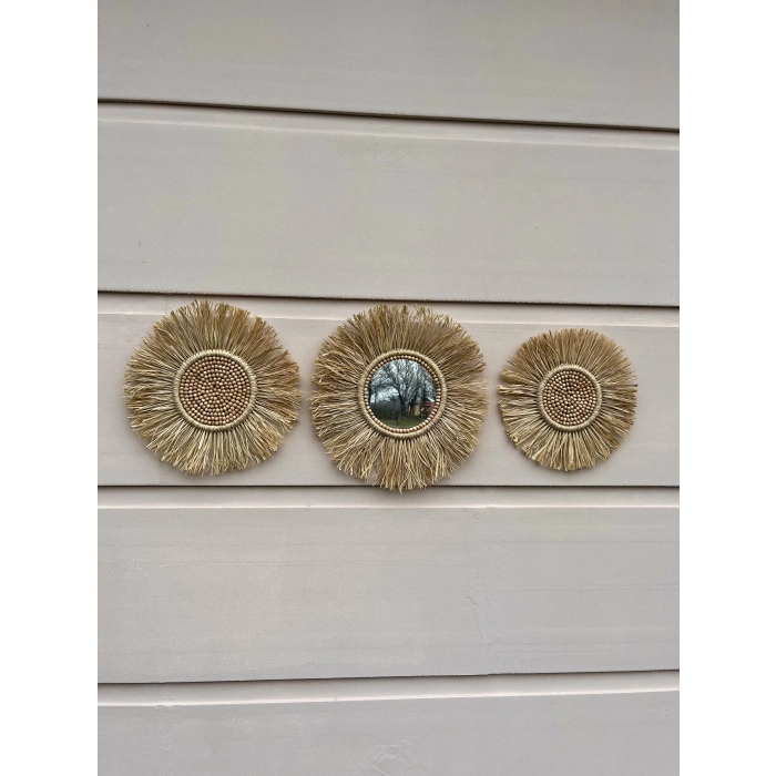 3lü El Yapımı Ayna Seti & Boncuklu Rafya Duvar Süsü, Duvar Aynası