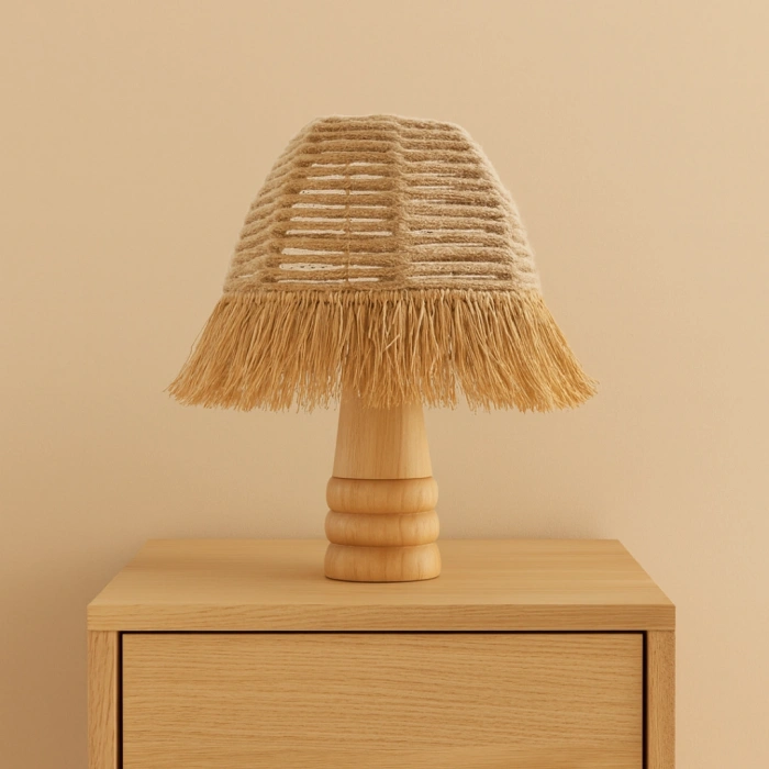 Halat Abajur - El Yapımı Doğal Ahşap Ayaklı Bohem Jüt Halat Abajur (Kablolu)