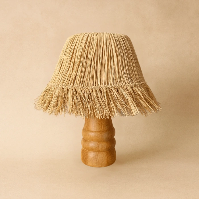 Saçaklı Doğal Rafya Abajur - El Yapımı Doğal Ahşap Ayaklı Bohem Doğal Rafya Abajur (Kablolu)