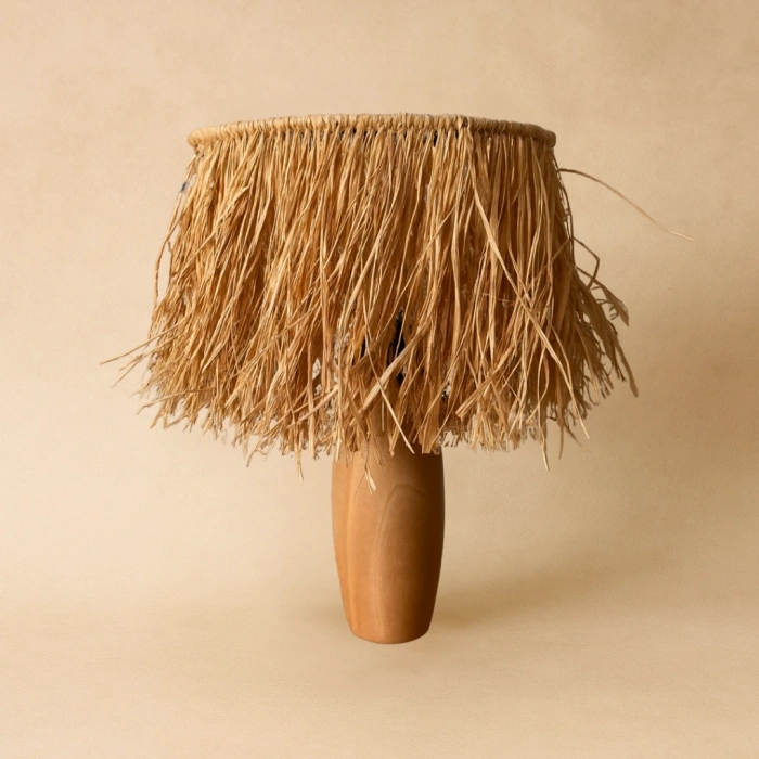 Tek Katlı Doğal Rafya Abajur - El Yapımı Doğal Ahşap Ayaklı Bohem Doğal Rafya Abajur (Kablolu)