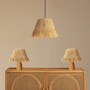 3’lü Saçaklı Rafya Bohem Aydınlatma Seti (El Yapımı 2 Abajur + 1 Avize)