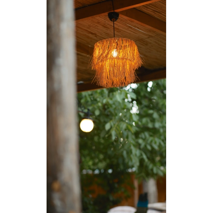 2 Katlı Rafya Avize - Ev, Balkon, Kış Bahçesi, Kafe, Restoran, Sahil, Bungalov Aydınlatma / El Yapımı Sık Örme Bohem Saçaklı Rafya Avize