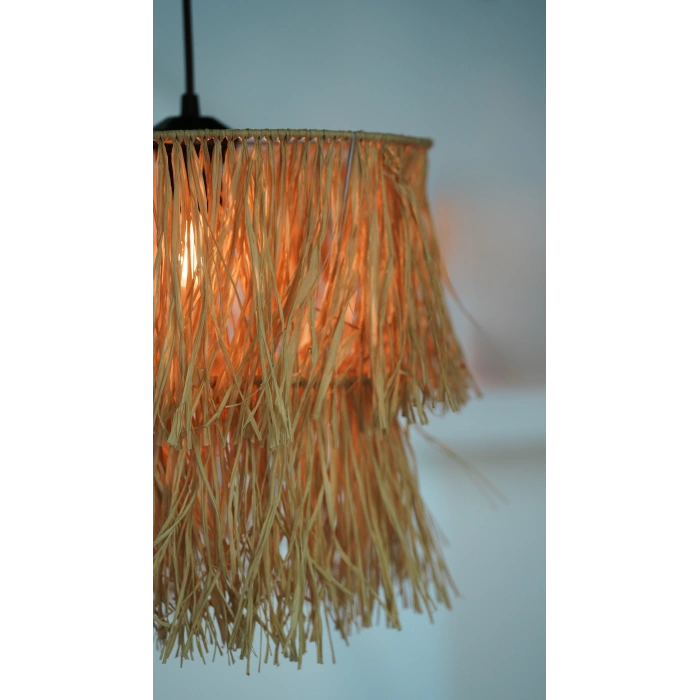 2 Katlı Rafya Avize - Ev, Balkon, Kış Bahçesi, Kafe, Restoran, Sahil, Bungalov Aydınlatma / El Yapımı Sık Örme Bohem Saçaklı Rafya Avize