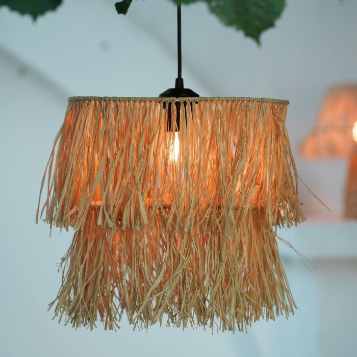 2 Katlı Rafya Avize - Ev, Balkon, Kış Bahçesi, Kafe, Restoran, Sahil, Bungalov Aydınlatma / El Yapımı Sık Örme Bohem Saçaklı Rafya Avize