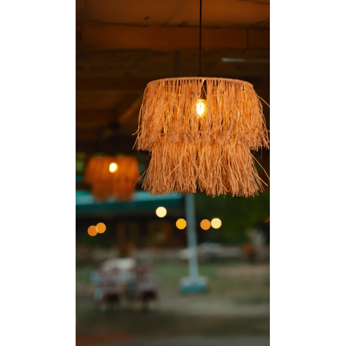 2 Katlı Rafya Avize - Ev, Balkon, Kış Bahçesi, Kafe, Restoran, Sahil, Bungalov Aydınlatma / El Yapımı Sık Örme Bohem Saçaklı Rafya Avize