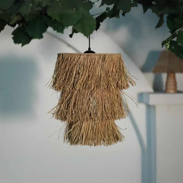 3 Katlı Rafya Avize - Ev, Balkon, Kış Bahçesi, Kafe, Restoran, Sahil, Bungalov Aydınlatma / El Yapımı Sık Örme Bohem Saçaklı Rafya Avize