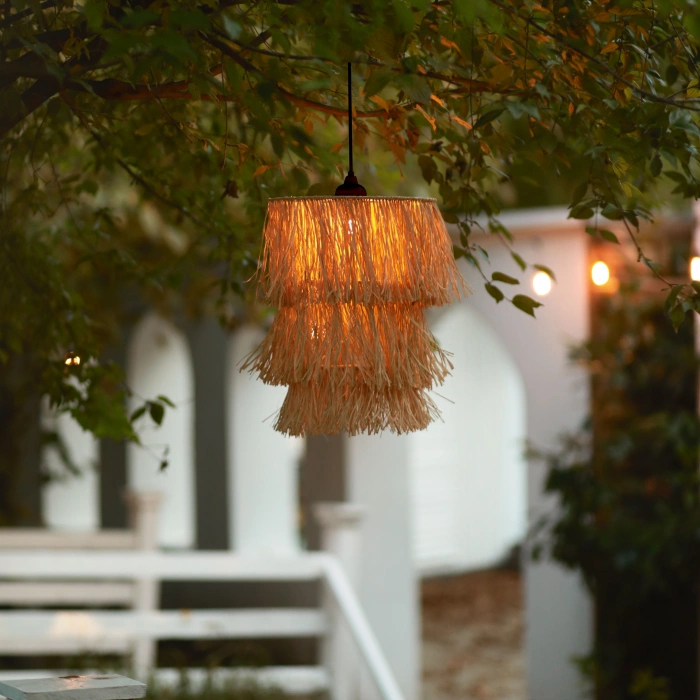 3 Katlı Rafya Avize - Ev, Balkon, Kış Bahçesi, Kafe, Restoran, Sahil, Bungalov Aydınlatma / El Yapımı Sık Örme Bohem Saçaklı Rafya Avize