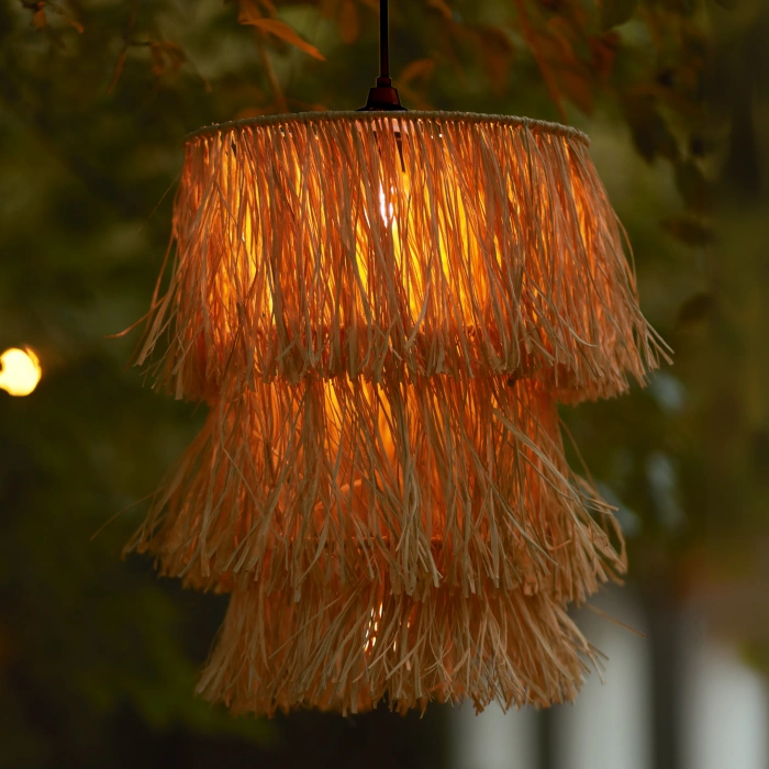 3 Katlı Rafya Avize - Ev, Balkon, Kış Bahçesi, Kafe, Restoran, Sahil, Bungalov Aydınlatma / El Yapımı Sık Örme Bohem Saçaklı Rafya Avize